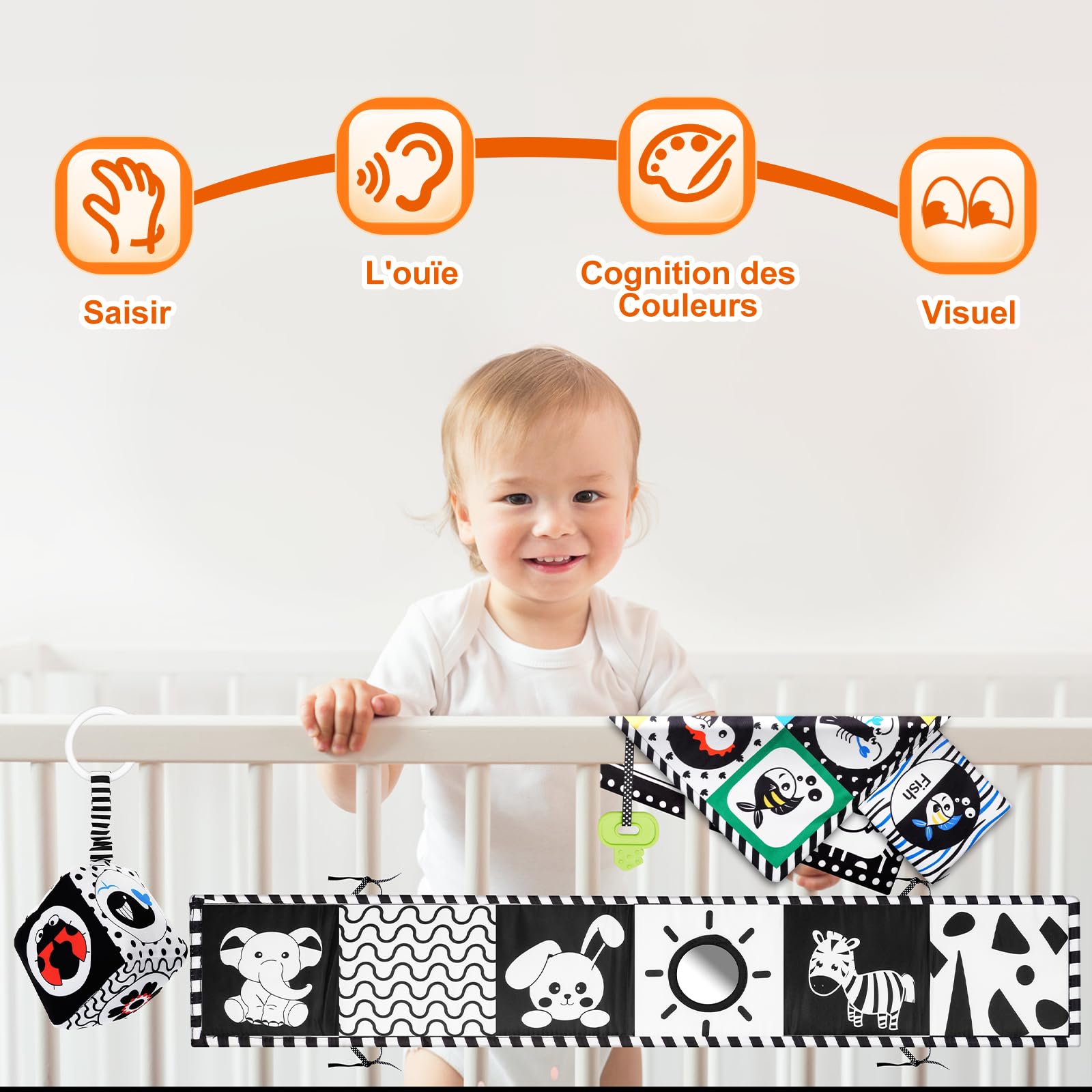 HappyKidsClub Jouet Livre Tissu Montessori Bébé Eveil 0-12 Mois Carte Noir et Blanc Bébé Cadeau Naissance Fille Garcon Jouet Sensoriel Hochet Bebe