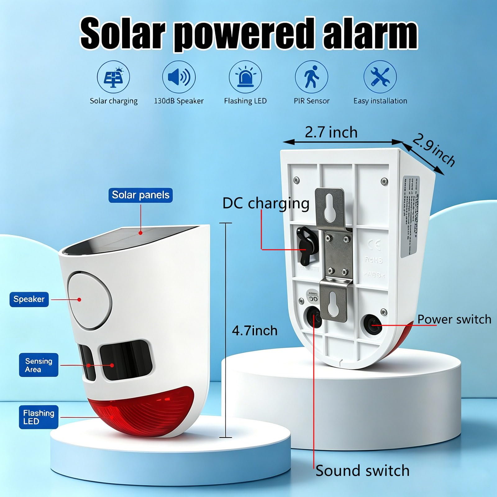 2Stück Solar Außen Bewegungssensor Alarm Sirene | 129dB Hundegebell Ton, IP65 Wasserdicht Solarbetriebener Sicherheitsalarm mit Blitzlicht, 3 Modi, für Hof Garten Bauernhof