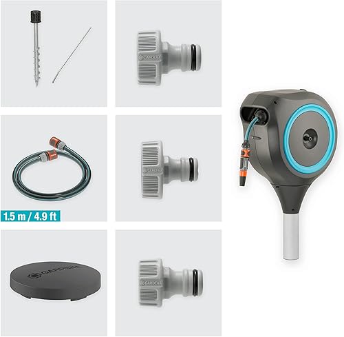 Miniatura 5 de Carrete de manguera retráctil automático de 66 pies con estaca de metal de Gardena, estándar, turquesa, 18614-20.