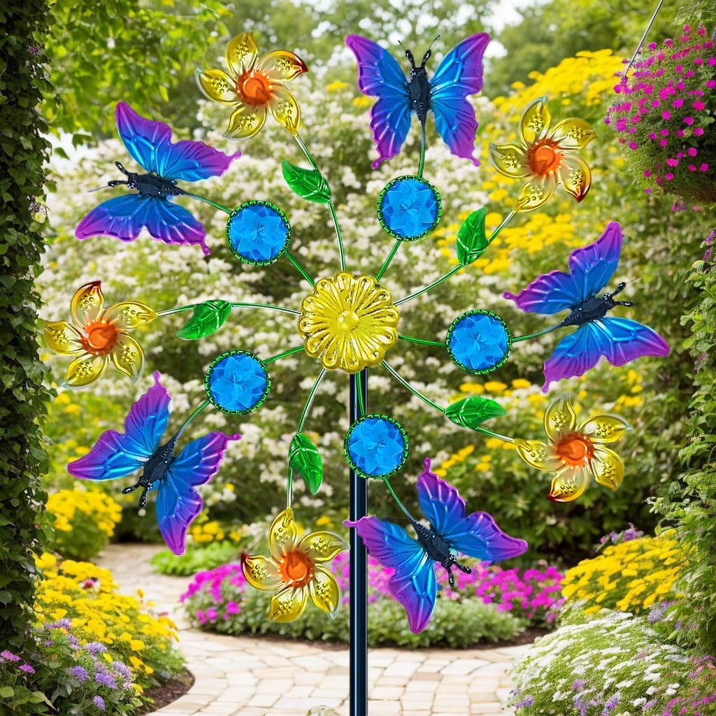 44" Butterfly Gem Wind Spinners Garden Stake, Flower Butterfly Wind Sculpture Yard Art Decorations for Lawn,Patio&Yard & Garden Decor, Metal Whirligigs Wind Spinners Outdoor