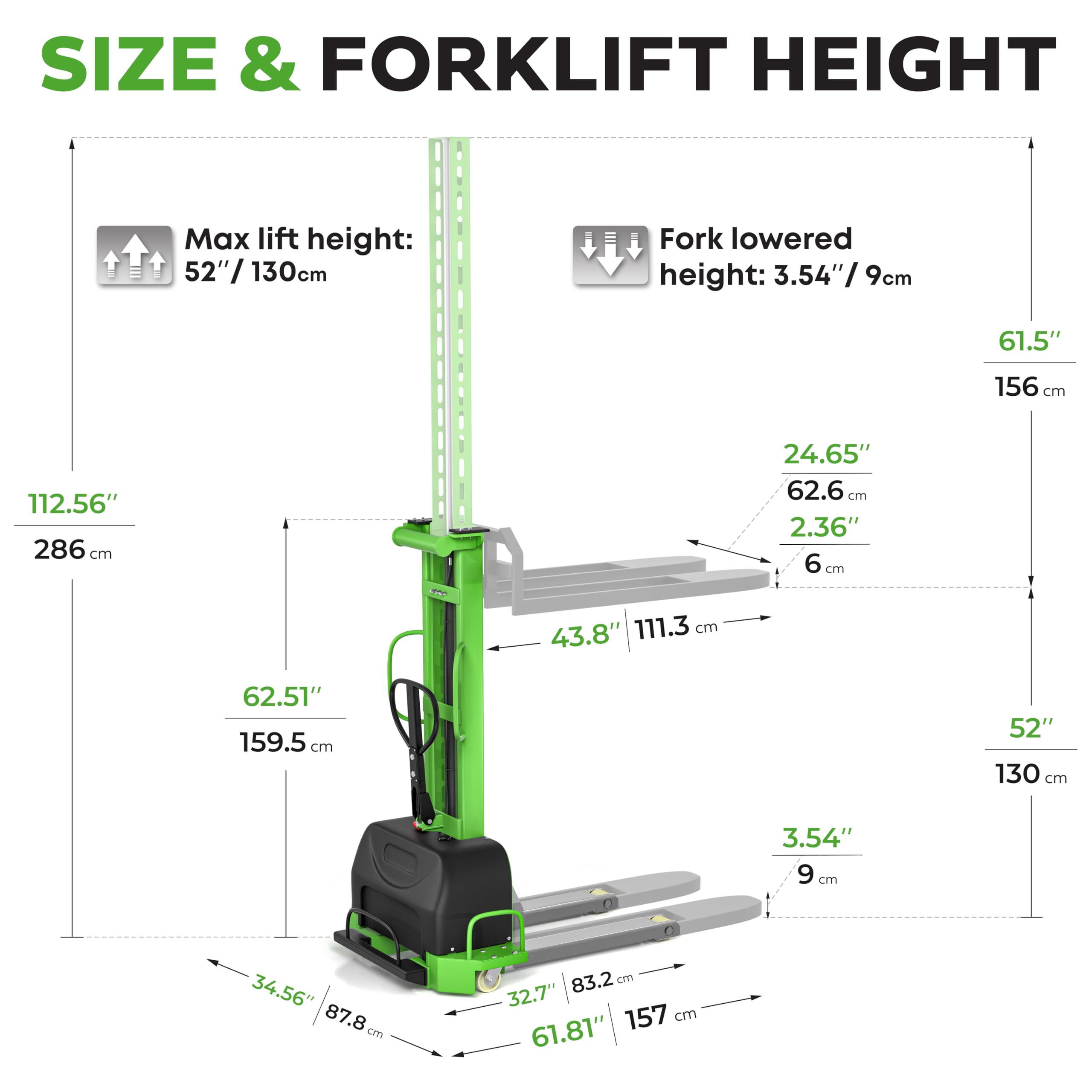 Semi Electric Self Loading Forklift Pallet Stacker - Portable Hand Lifting Truck Cargo with Straddle Legs and Adjustable Forks - Material Lifter 1100lbs Capacity 51 Inch Lift Height