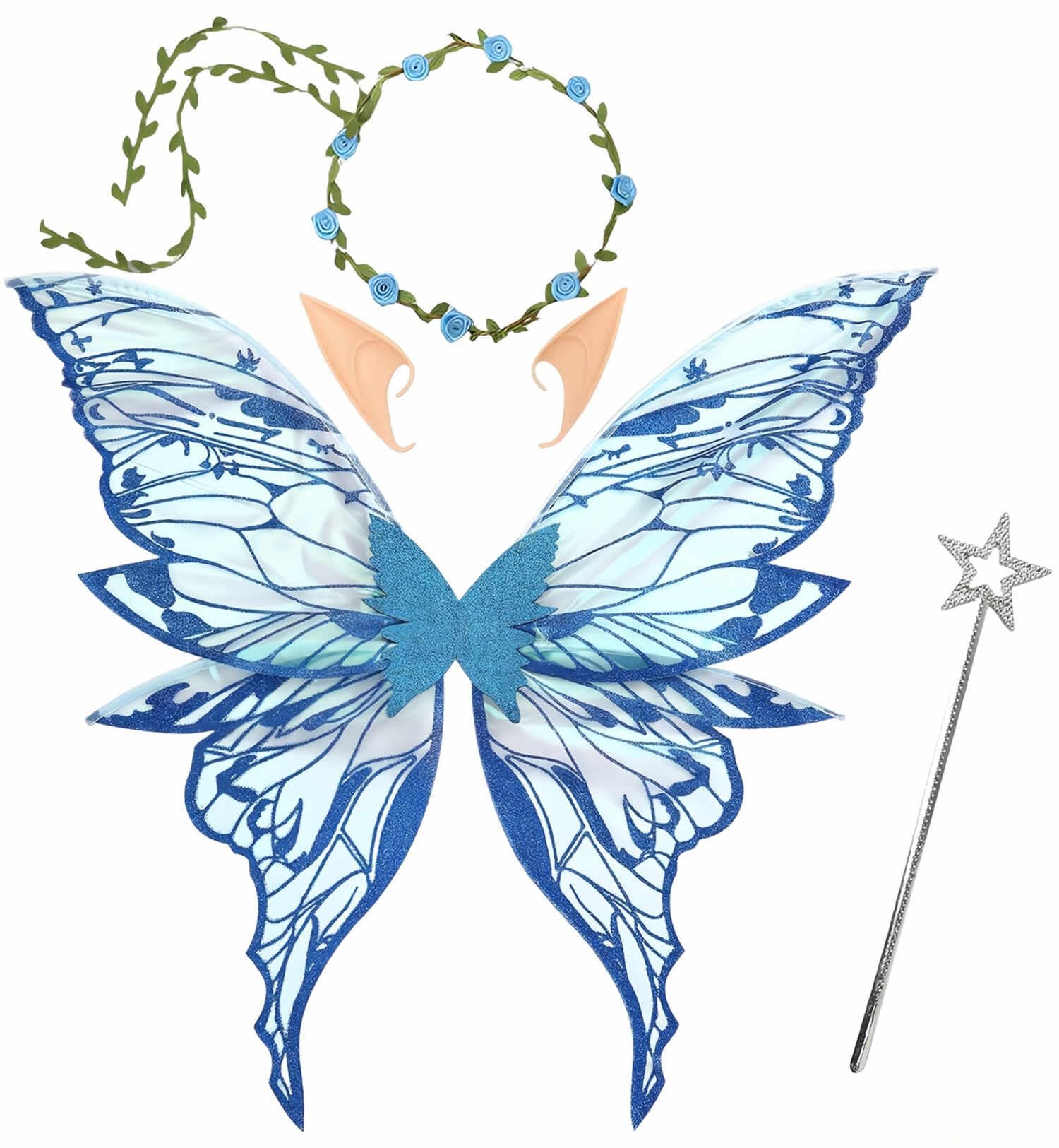 Fairy Wings for Adult, Butterfly Wings Set with Elf Ears & Wand, Blue