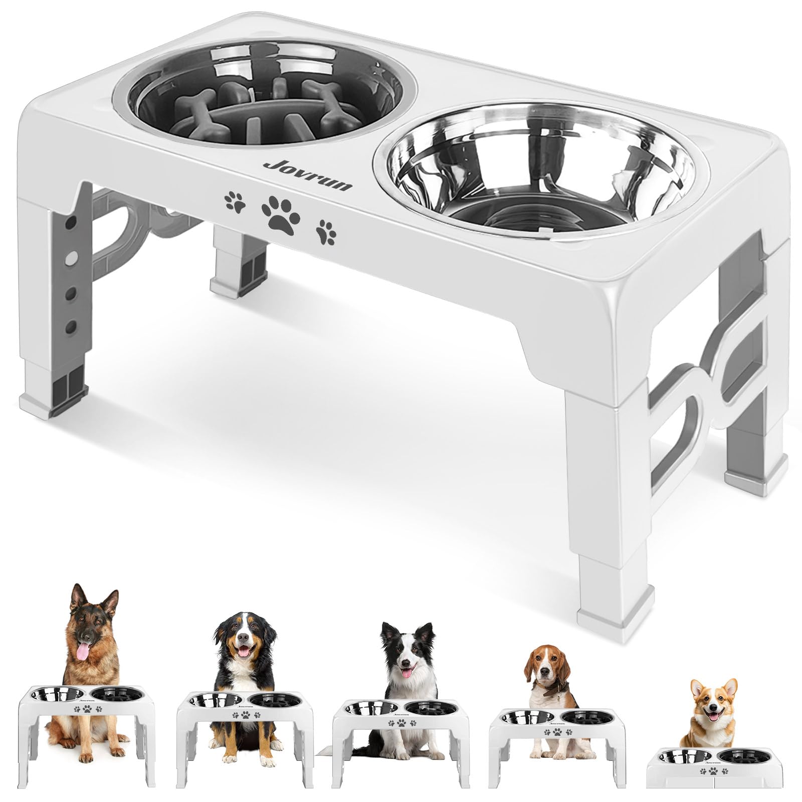 Photo 1 of Jovrun Elevated Dog Bowls for Medium Large Size Dogs, Non-Slip Dog Feeder with 1*Stainless Steel Dishes & 1*Slow Feeder Bowl, 5 Heights Adjustable Raised Bowls to 3.15?-8.66?-9.84?-11.02?-12.2?