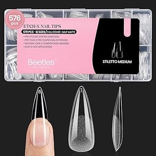 Beetles Gel Nail Tips Etch-X, Stiletto Medium, 576Pcs 12 Sizes, Pre-Etched Half Matte Full Cover Soft Acrylic False Nail Tips Easy DIY Press On Nail Extensions Salon Gift for Women