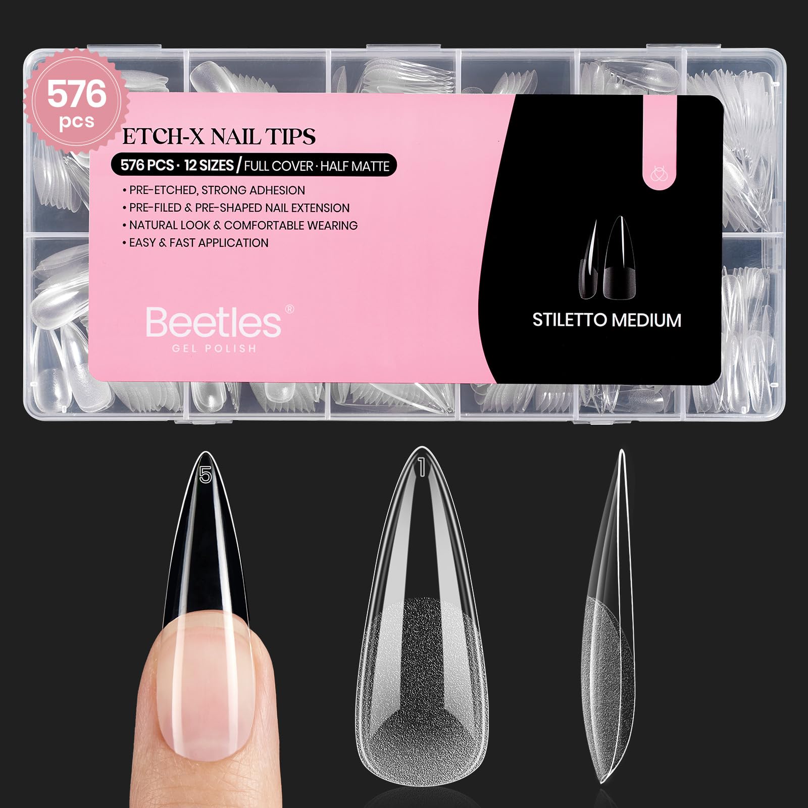 Beetles - Punte per unghie in gel a spillo, medie Etch-X, 576 pezzi, 12 misure, semi-opache, complete, in acrilico, per unghie fai da te, idea regalo per donne