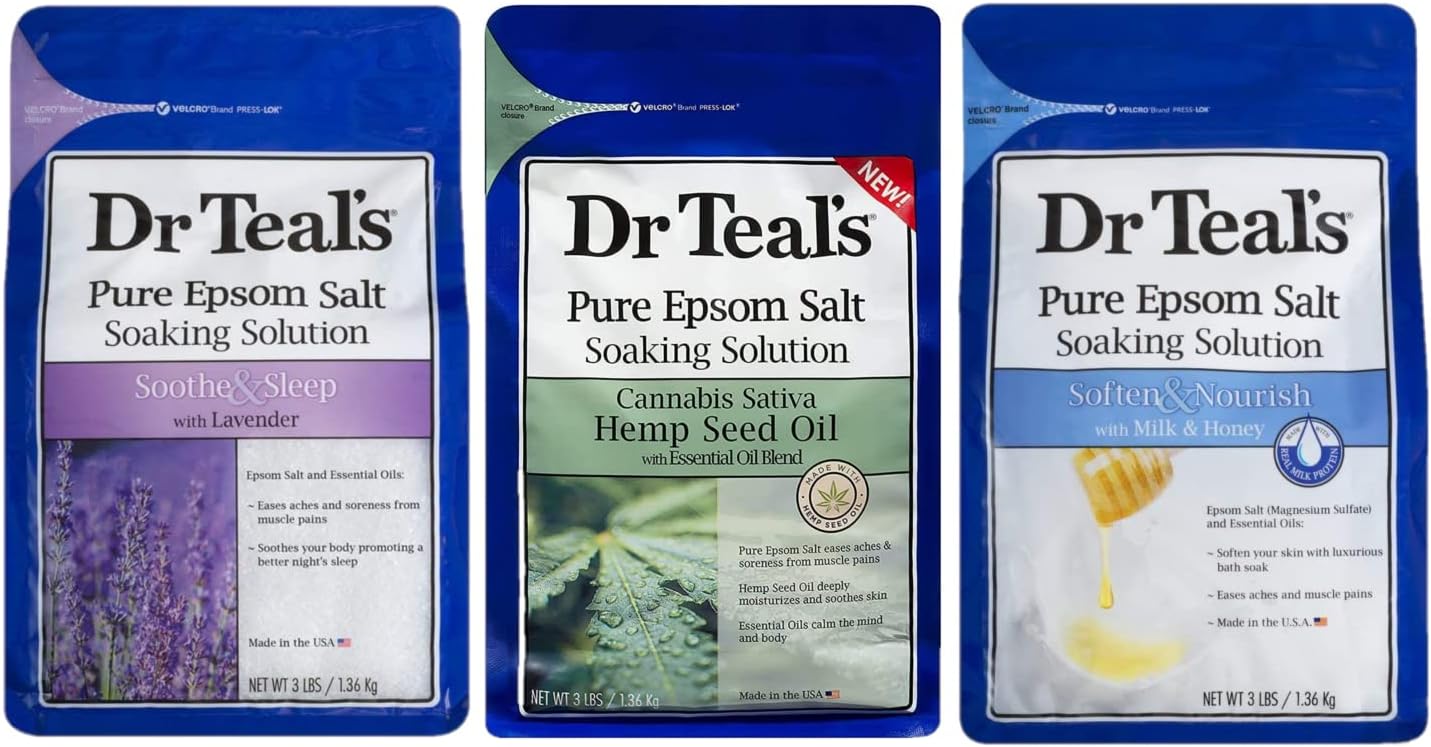 Dr. Teal's Pure Epsom Salt Soaking Solution Gift Set (3 Pack, 3lbs ea.) - Soothe & Sleep with Lavender, Hemp Seed Essential Oils Blend, Soften & Nourish with Milk & Honey - Relieve Stress at Home