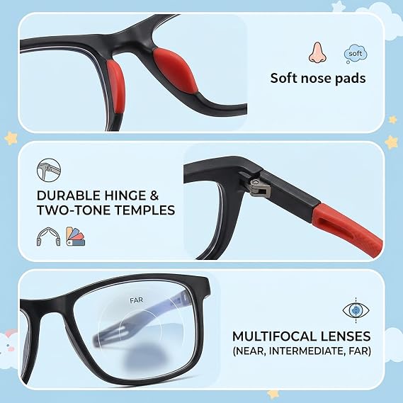 3 Pairs Visionsync Multifocal Glasses, Grey Orange and Black Grey Red Frame Set, Progressive Vision Sync Multifocal glasses with Varifocal Lenses, Ideal for Reading and Computer Work