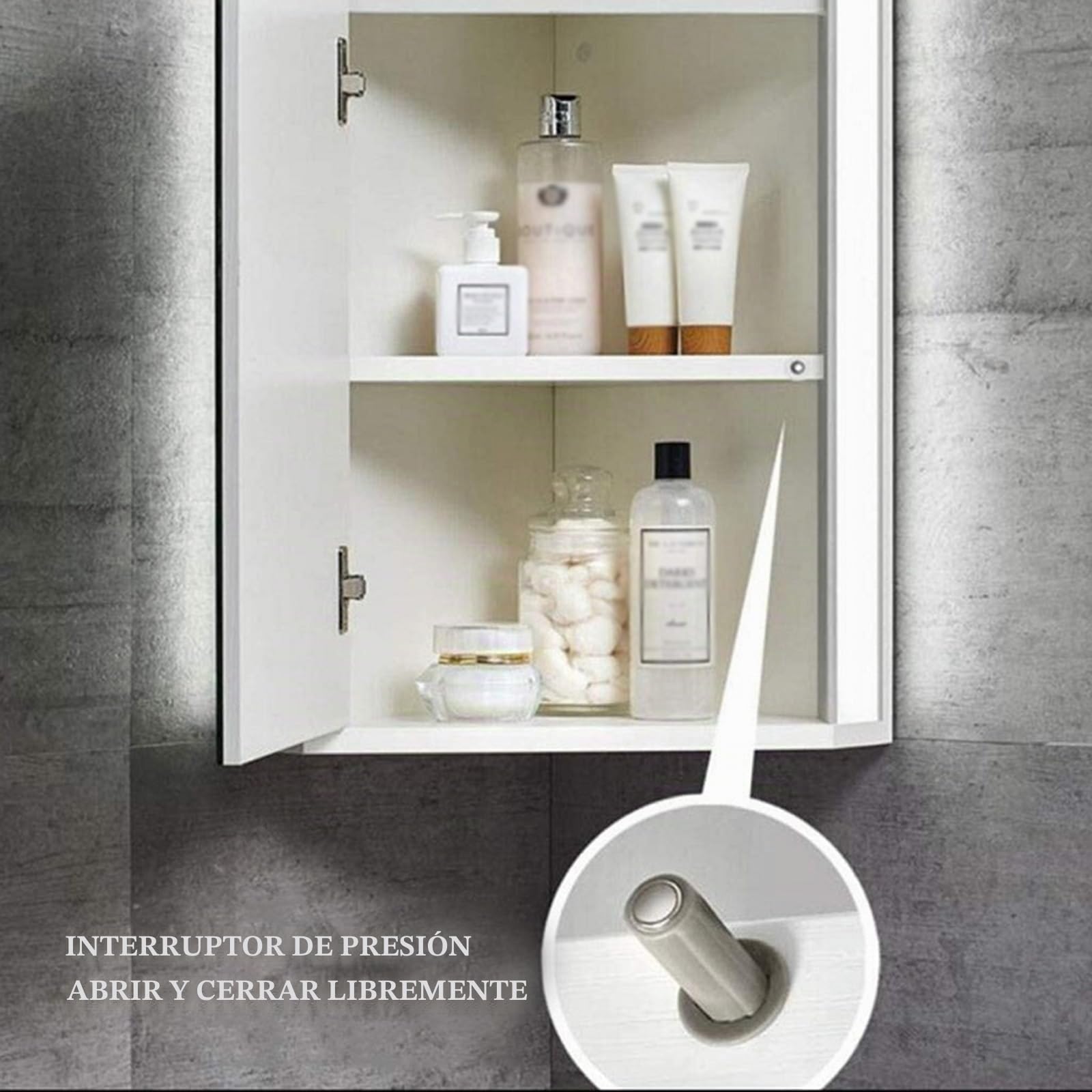 Armario Esquinero de Baño Blanco con Espejo e Iluminación LED Gabinete Triangular Montado en la Pared Almacenamiento Ahorra-Espacio con Estantes