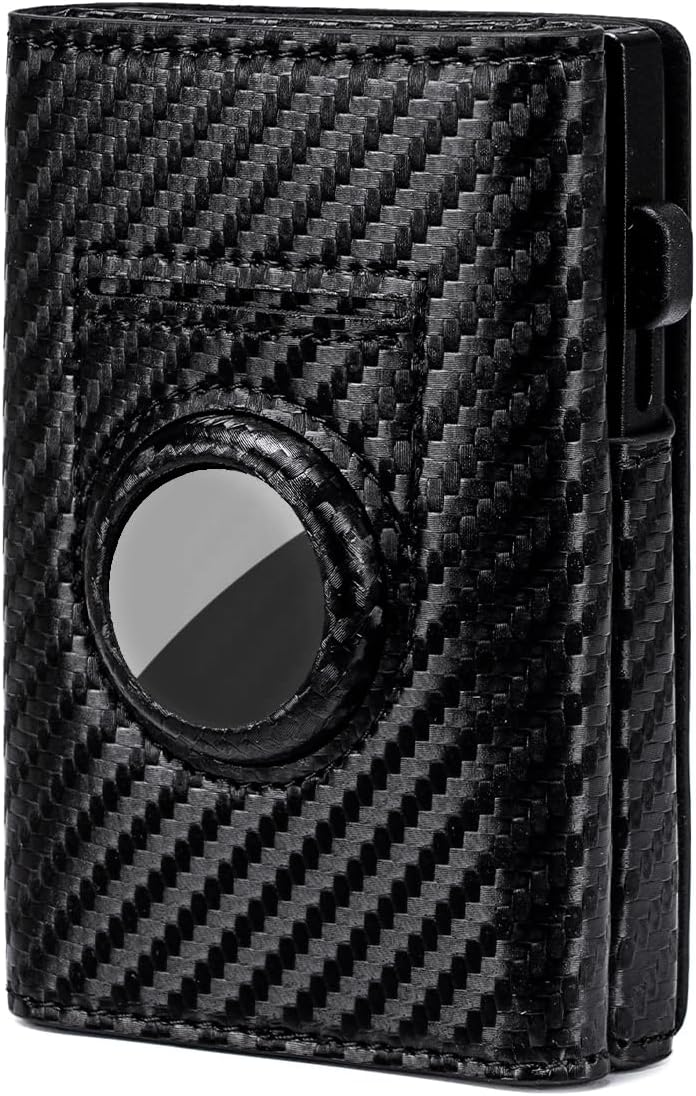 Men's RFID Blocking Smart Wallet Genuine Leather AirTag Compatible Pop-Up Card Case 9-14 Capacity with ID Window Brown (Carbon Fiber Black)