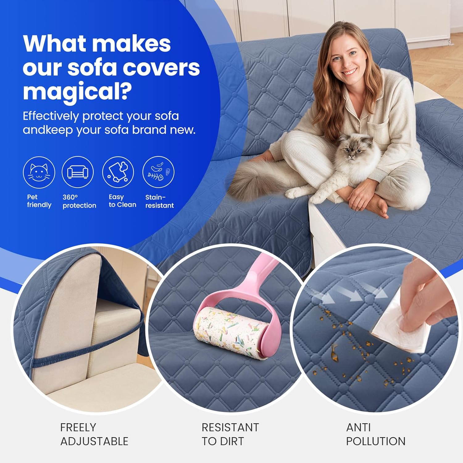 XINEAGE 100% Waterproof Sectional Couch Covers L-Shaped Reversible Sofa Cover Washable Couch Slipcover with Chaise Plum Blossom Buttons Fit Kid and Pet Furniture Protector (Large, Grayish Blue)