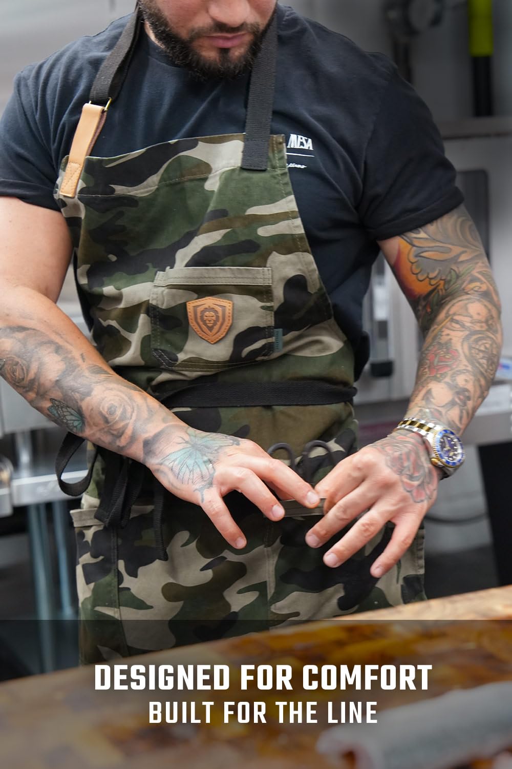DALSTRONG Professionelle Kochschürze - mit 4 Taschen - wasserabweisend - Details aus echtem Leder - verstellbare Gurte - 100% Poly-Baumwolle Camouflage Muster