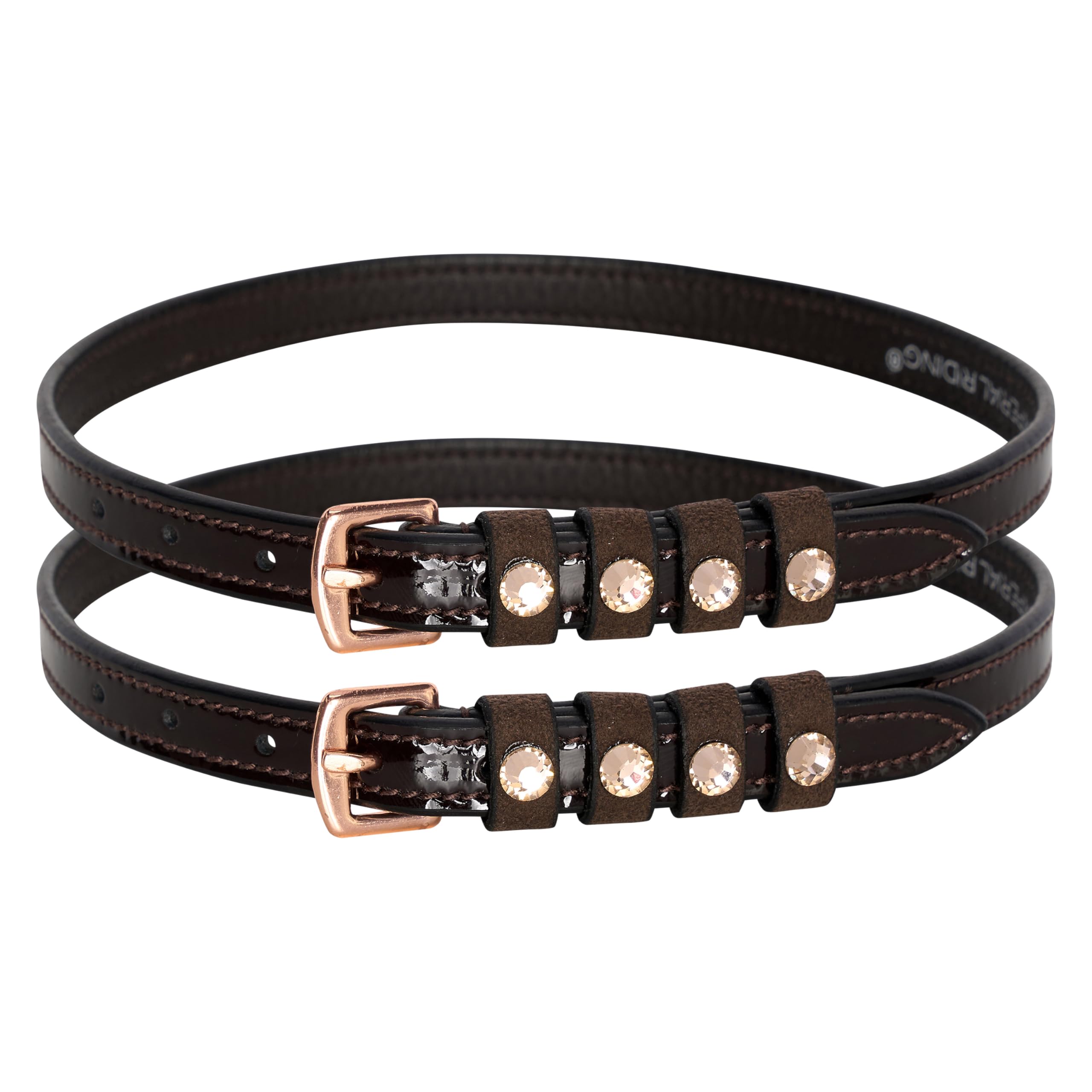 Imperial Riding Spur Strap "Pardouz", Patent Leather Accents with Rhinestones, 52 cm, Brown/Rose Gold Metallic