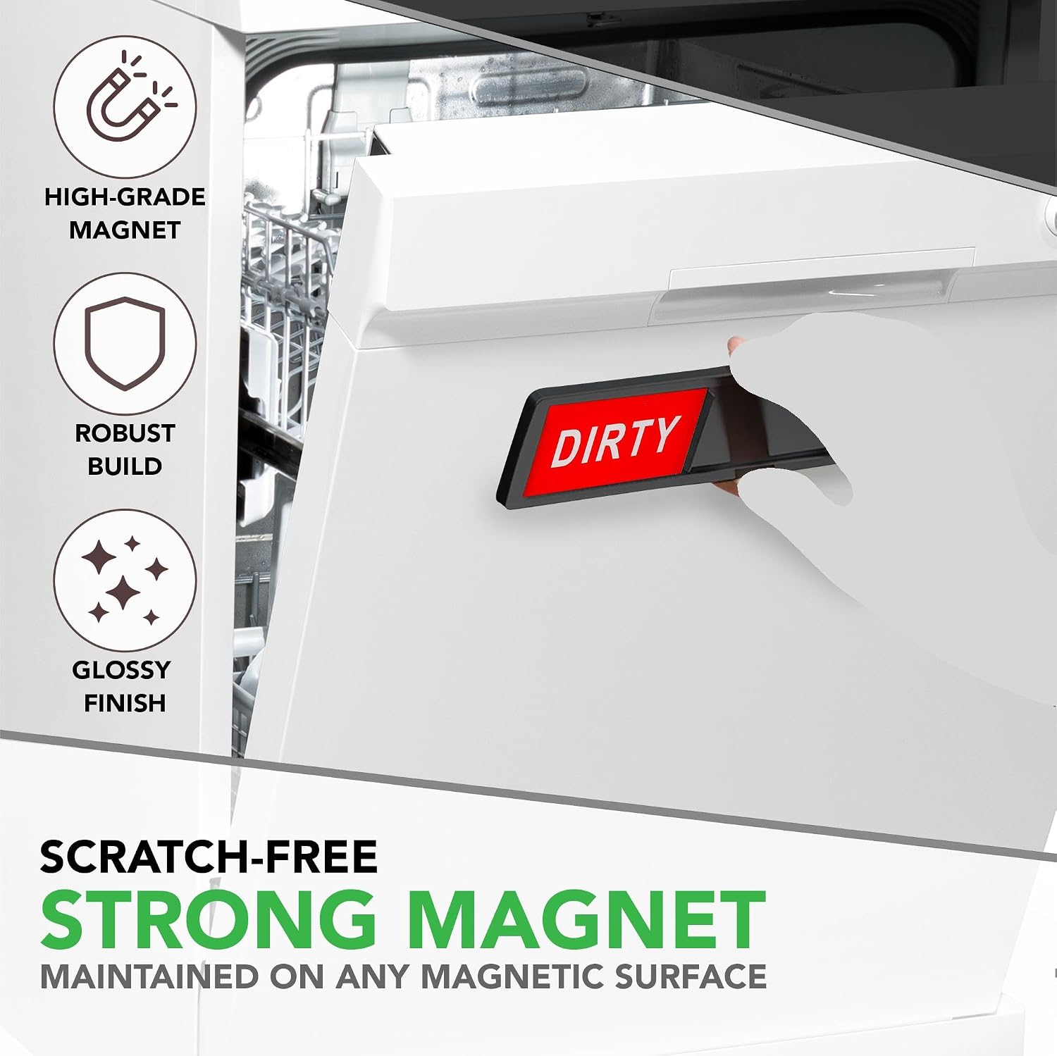 Premium Clean Dirty Dishwasher Magnet, Dirty Clean Sign for Dishwasher Easy to Read and Strong Slide for Changing Signs, Heavy Duty Magnet with Optional Stickers (Black Red Green)