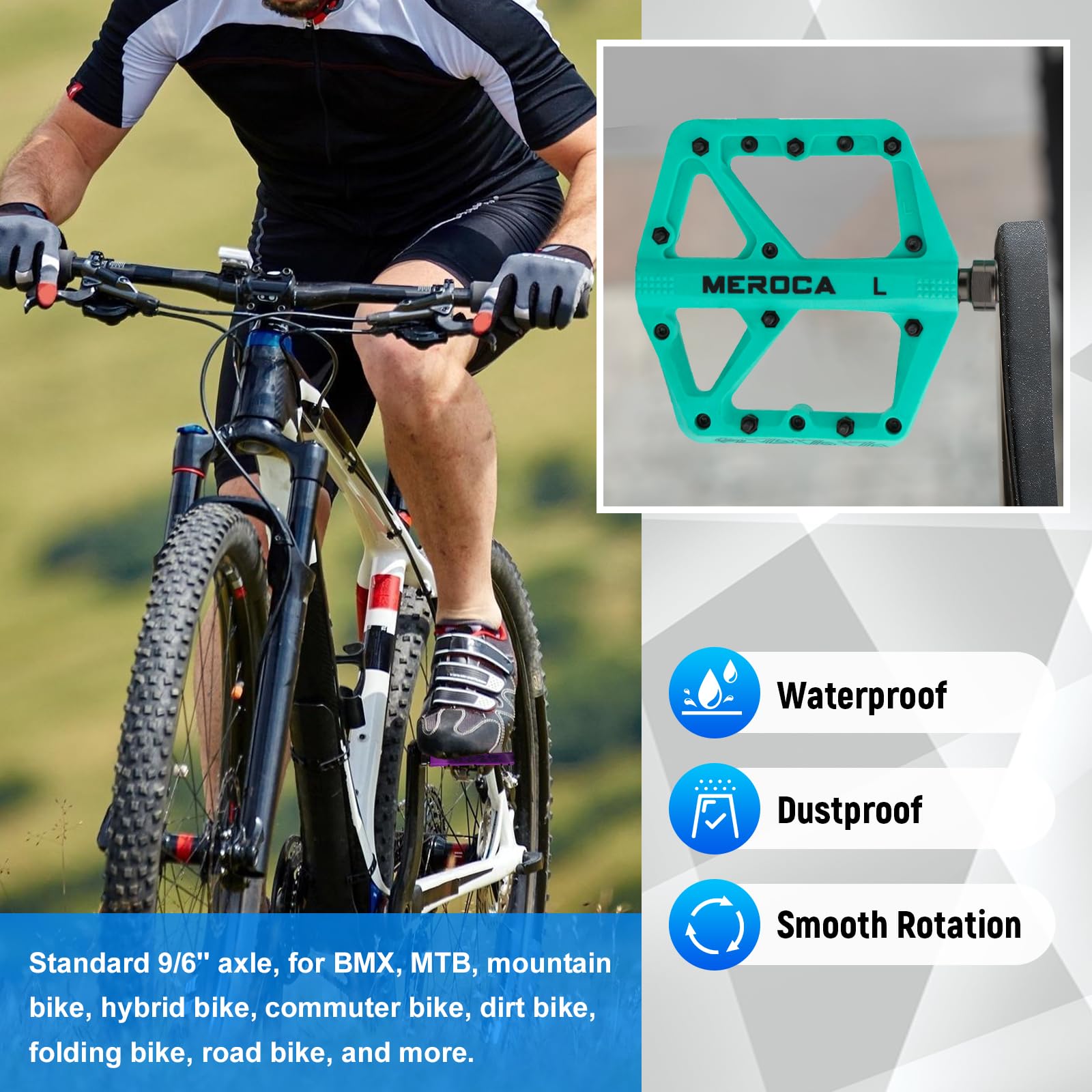 TINGSING Mountain Bike Pedals, Non-Slip MTB Road Nylon Fiber Bicycle Pedals, Lightweight and Wide Flat Platform Cycling Pedals, MTB Accessories, Double-Sided Anti-Slip Nails, Turquoise