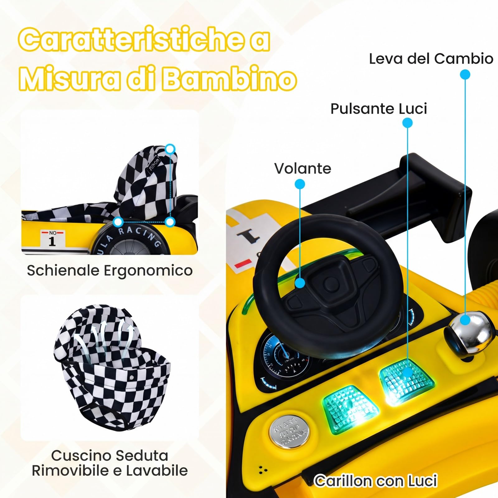 RELAX4LIFE Girello per Bambini 6-18 Mesi, Baby Walker 4 in 1 Trasformabile, Carrello Primi Passi e Macchinina a Spinta con Luci e Suoni, Altezza Regolabile, Pieghevole (GIALLO)