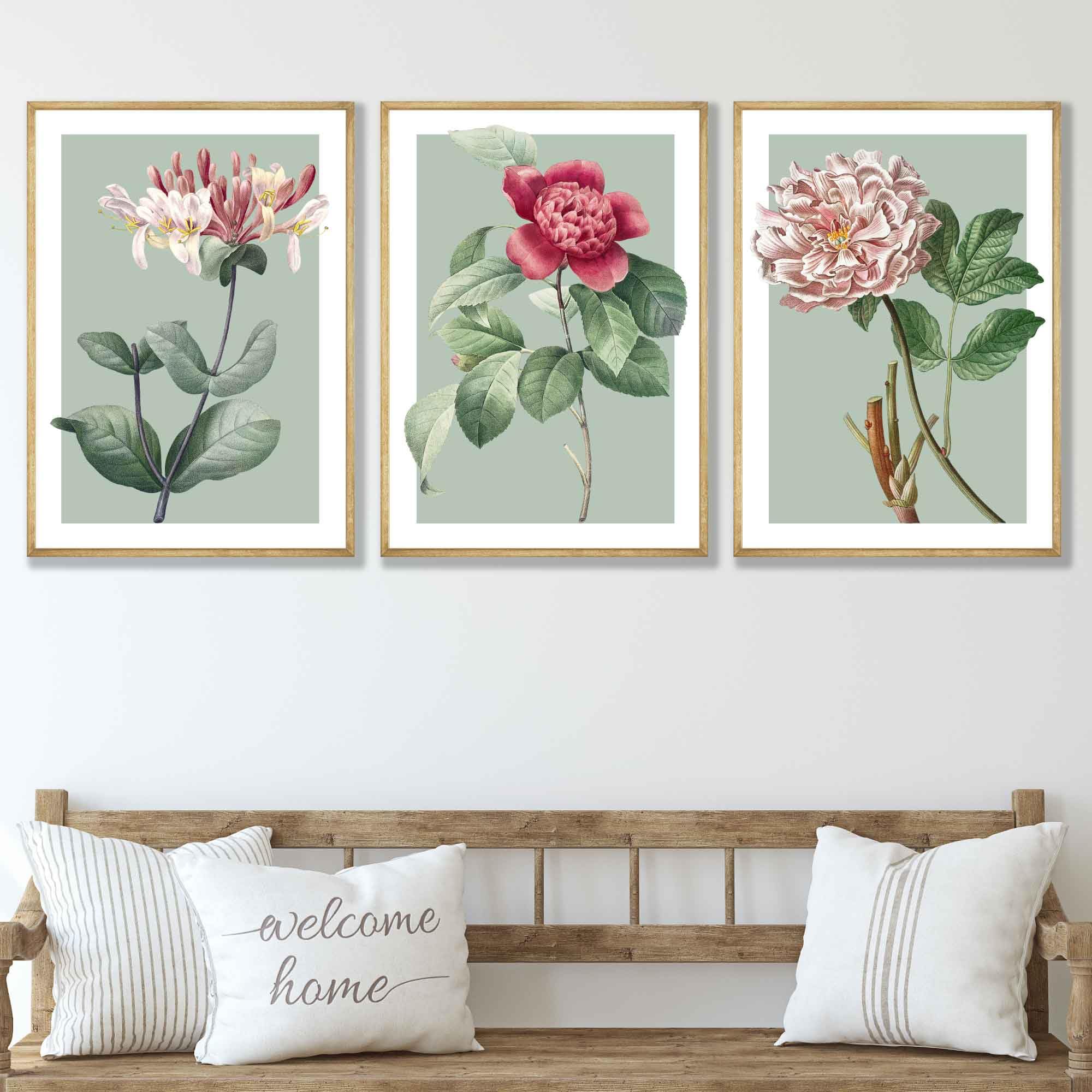Artze Sage Green Set Of 3 Vintage Flowers Wall Art Prints Only Size: (A3-29.7 X 42 Cm)