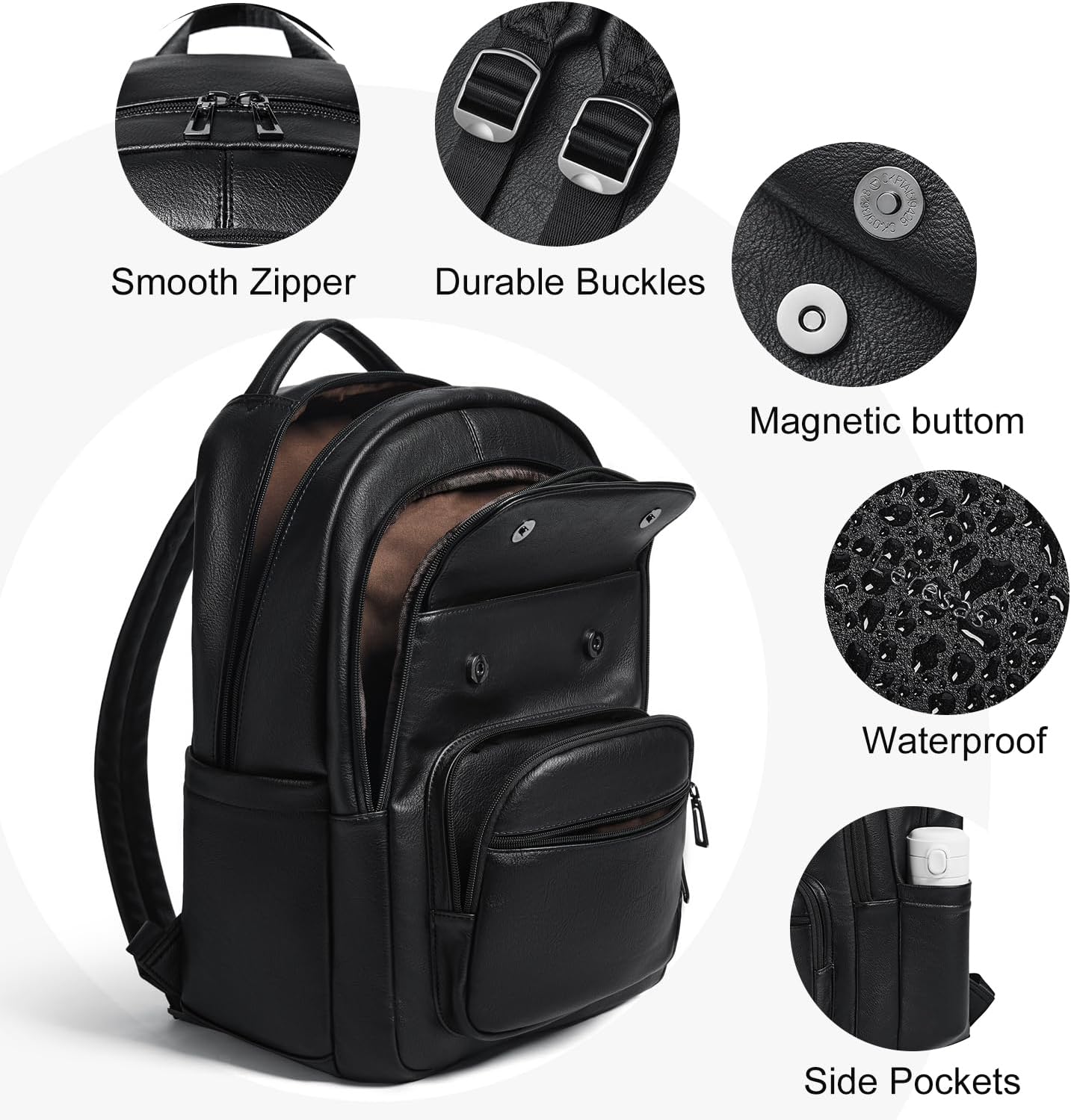 37L Backpack Purse for Women Men for Work Travel Back Pack Laptop Purses Vegan Leather Fashion College Daypack Black - Image 5
