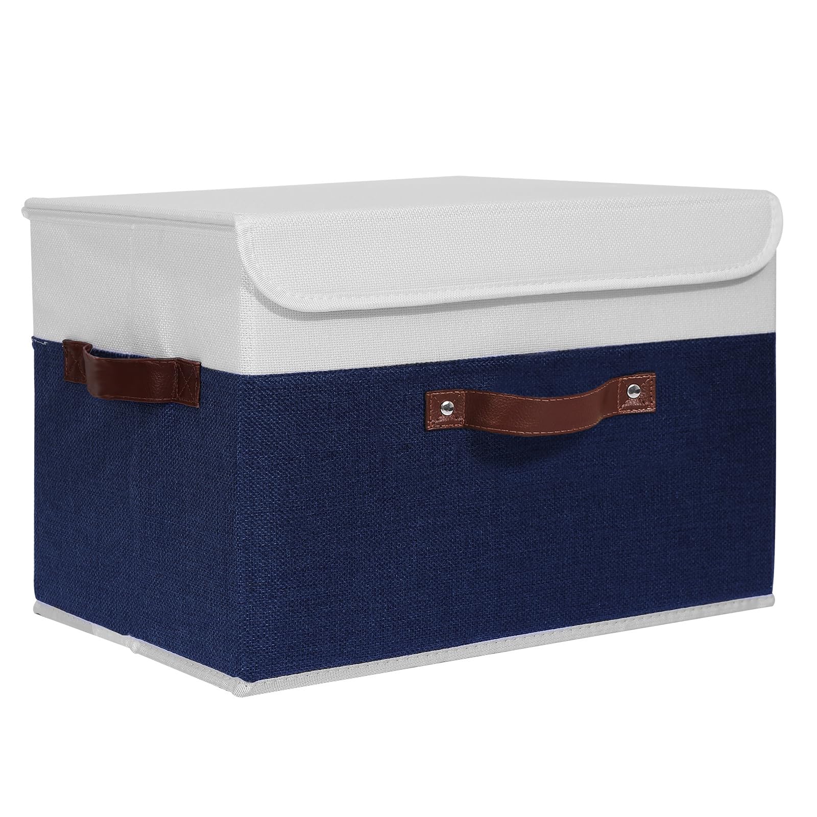ANMINY Storage Boxes with Lids Washable Decorative Storage Bins Basket with PU Leather Handle Foldable Linen Fabric Storage Cubes Containers for Home Closet Organizer - Deep Blue White, Large Size