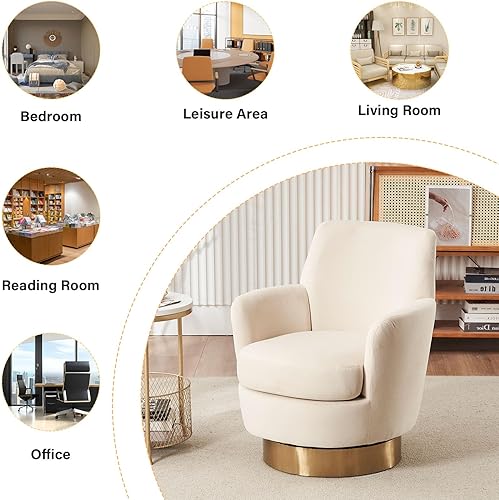 Miniatura 6 de Silla giratoria de barril, moderna tapizada de terciopelo con respaldo alto, sillón individual de 360 grados para sala de estar, color beige