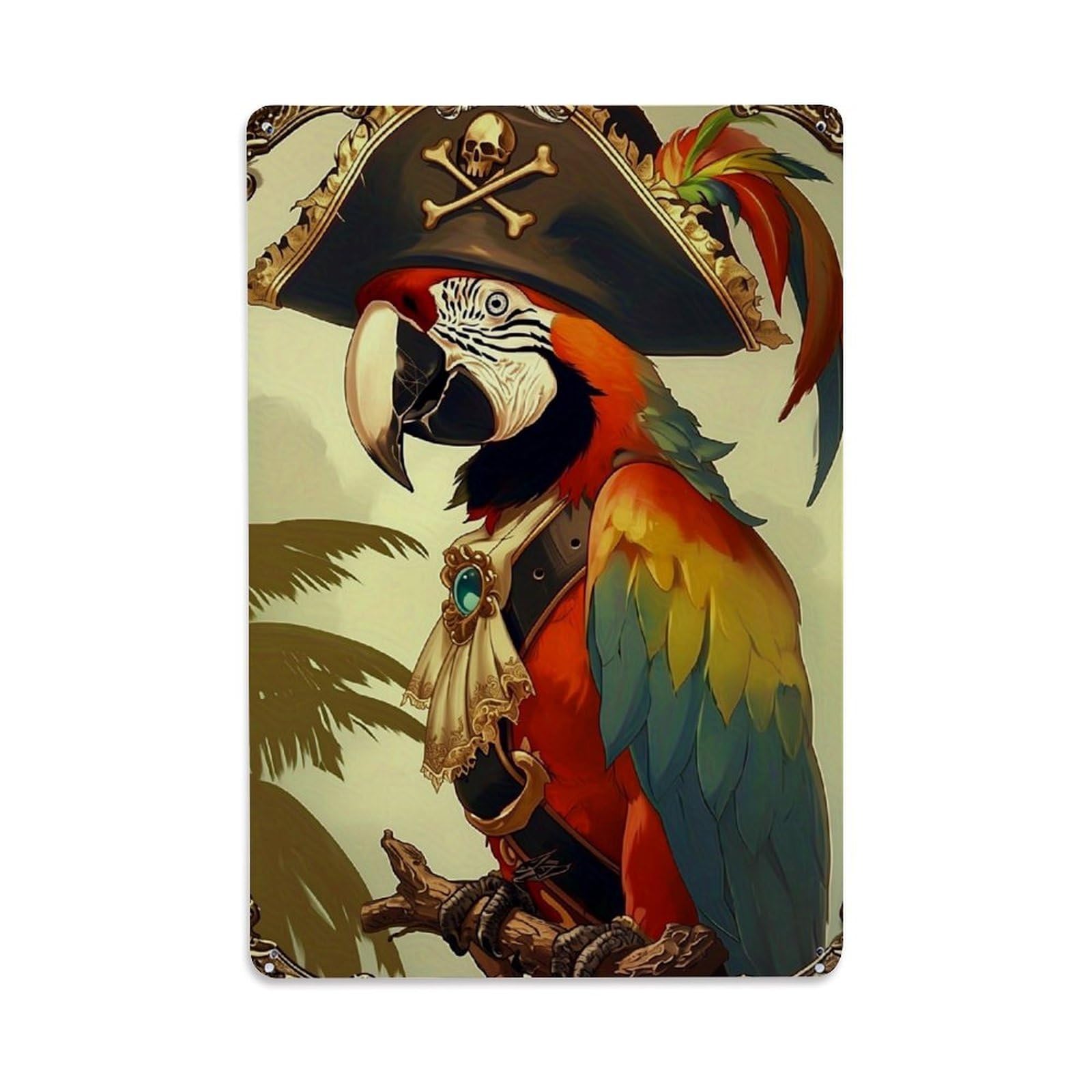Pirate Parrot Hat Skull Feathers Retro Metal Tin Sign, Vintage Decor Art Poster for Bar, Home, Man Cave, Kitchen, Laundry Room Gift 8x12Inch