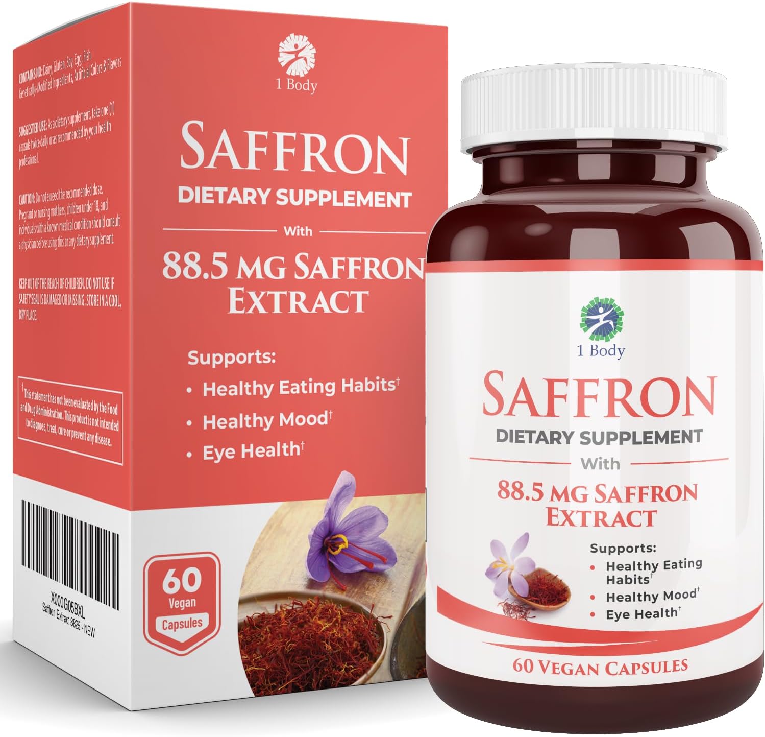 1 Body Saffron Extract 8825 Antioxidant & Mood Support Supplement 88.5 mg of Pure Safranal per Vegetarian Capsule