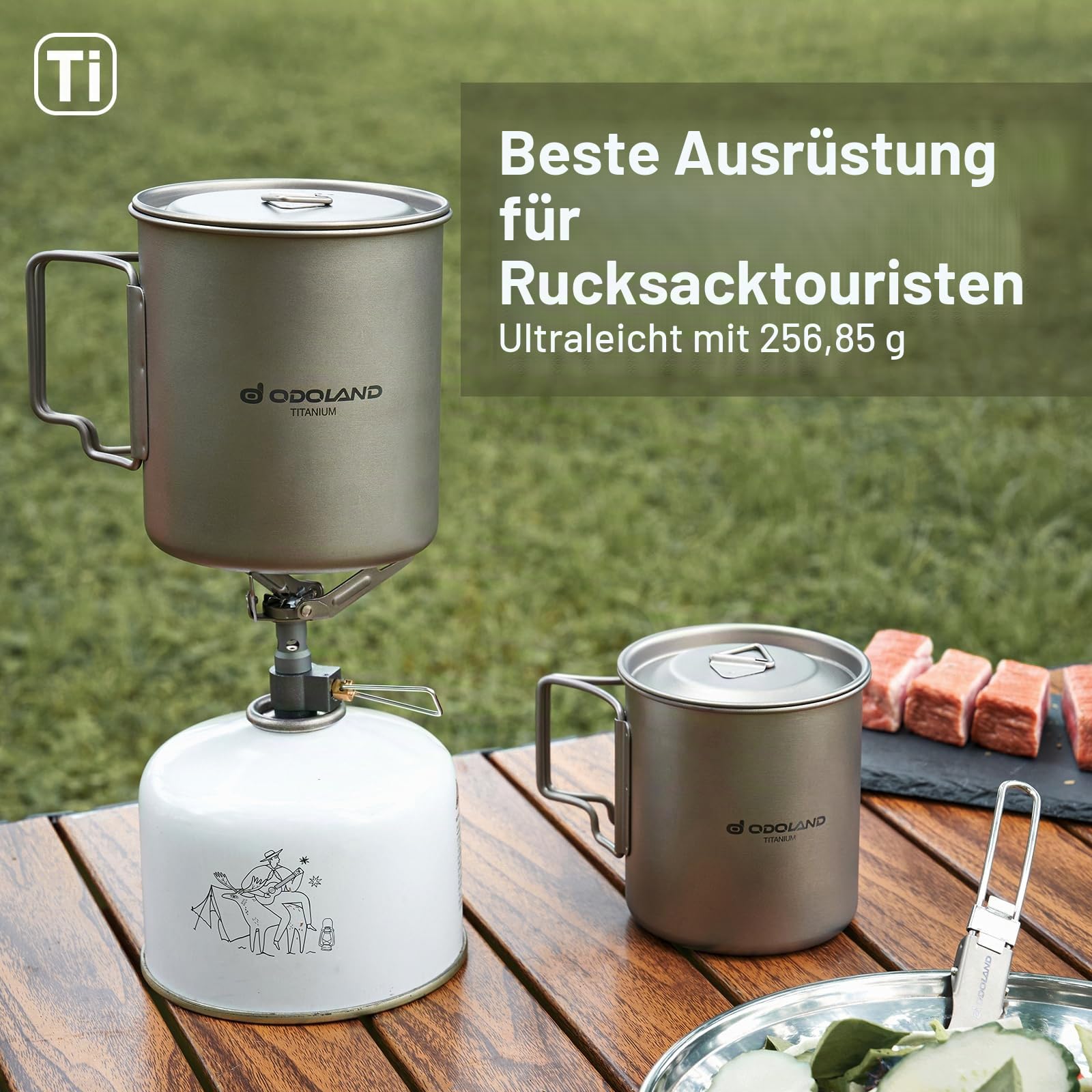 Odoland 750ML und 420ML Titanium Becher, Camping Kaffeetasse mit Deckel und Spork, klappbarer Griff für Camping, Wandern, Reisen