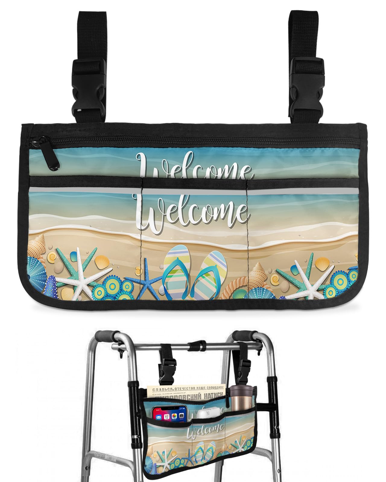 Welcome Beach Wheelchair Side Bag Walker Bag, Ocean Summer Waves Sea Slippers Wheelchair Accessories Armrest Pouch, Organizer Storage Bag for Walkers, Rollators, Scooters, 7.3''x13''