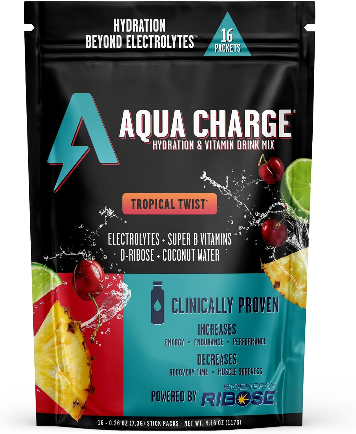 Grab The Gold Aqua Charge Electrolytes Drink Mix | Naturally Flavored Sugar-Free Hydration Drinks with B Vitamins | Vegan, Gluten-Free, Non-GMO | Tropical Twist - 16 Packs, Made in USA