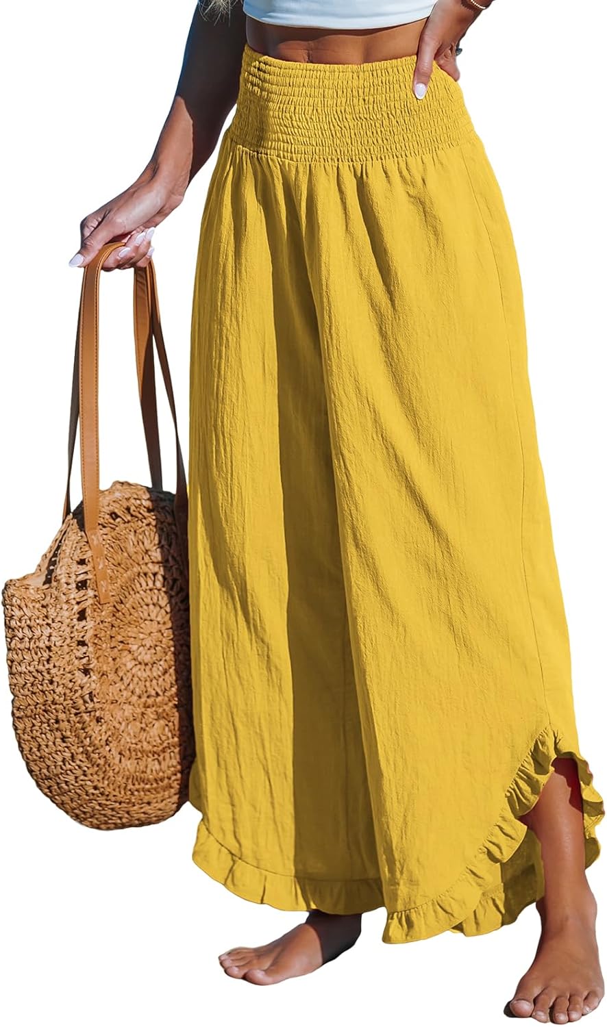 CUPSHE Women Pants Smocked Waist Straight Leg Ruffle Cuffs Loose Fit Pant Casual Beach