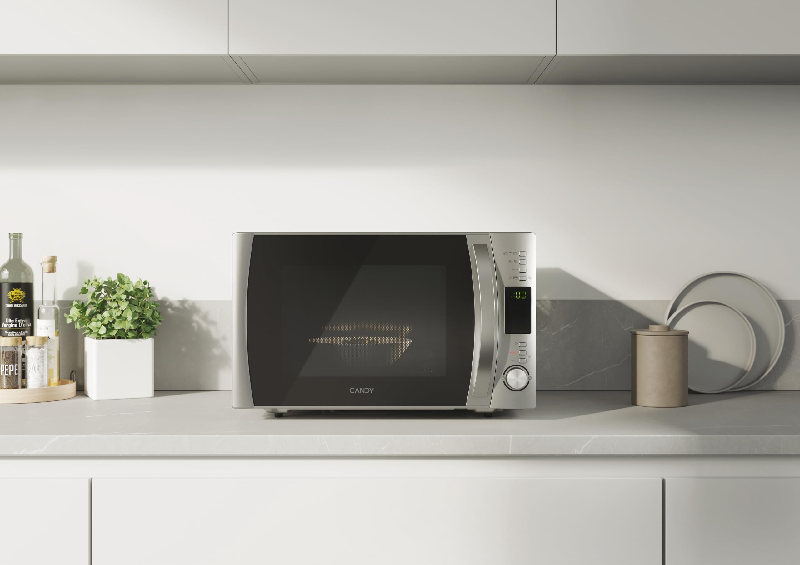 Candy COOKinAPP Forno a Microonde con Grill, 30 Litri, 900W, 40 Programmi, App Simply-Fi, Funzione ECO, Programma Baby, Child Lock, Libera Installazione, 52 x 43,5 x 32,6 cm, Argento - CMXG30DS