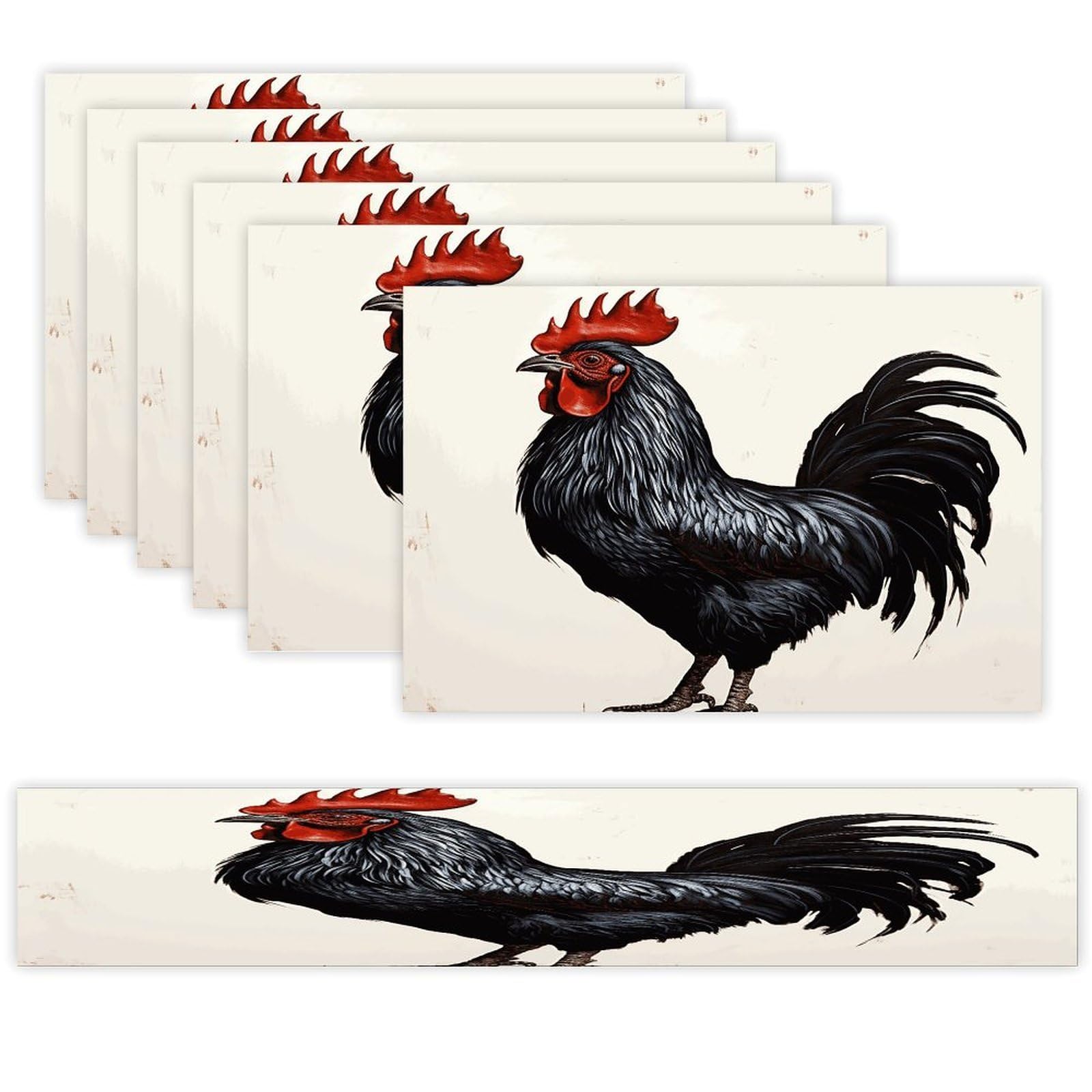 Black Rooster Table Runner and Placemats Set of 6 for Kitchen Washable Table Mats Heat Resistant Place Mats Non-Slip Place Mat Wipeable Placemat(6 Placemats+1 Table Runner)