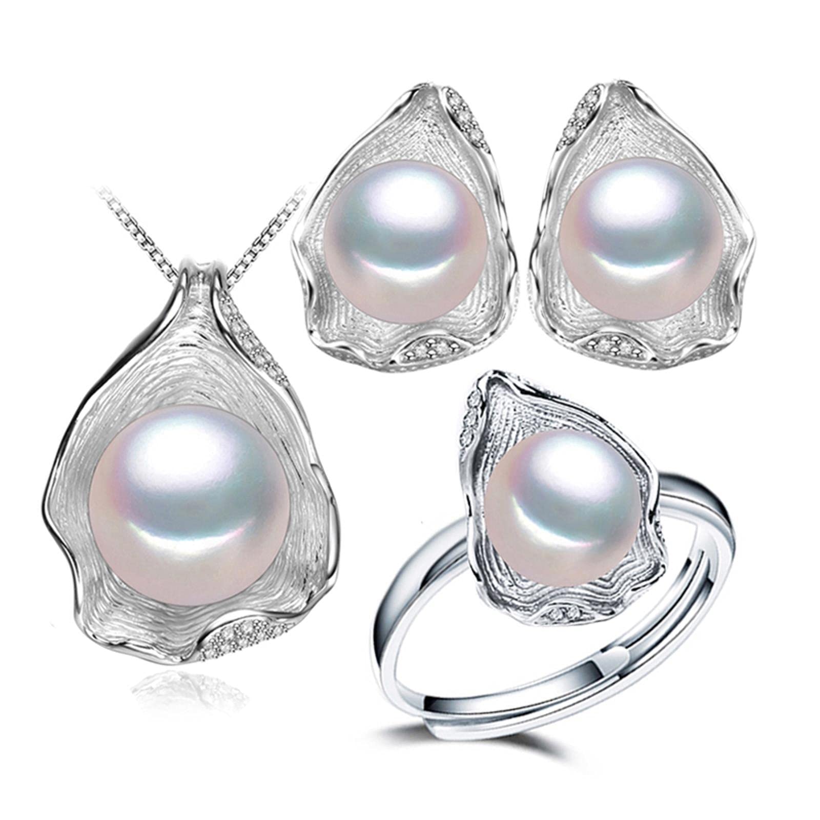 LOKILOKI Set di Gioielli con Perle Naturali per Donna Collana con Ciondolo Conchiglia Bohémien Anello da Festa in Argento Sterling 925 con Orecchini A Bottone