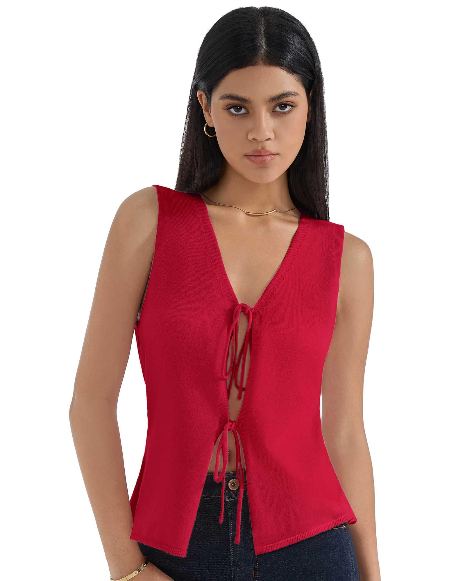 SUUKSESS Women Tie Front Top Sweater Vest Summer Vacation Outfits Trendy Tops Vest Y2K Tank Tops