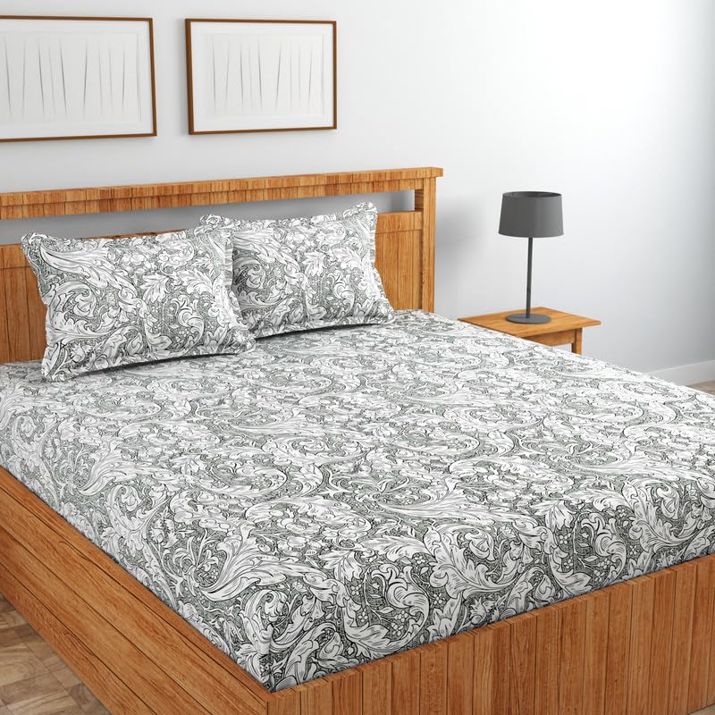 Image of NHD HOME Premium Cotton Flat Double Bedsheets with 2 King Size Pillow Covers | Double Bed Breathable | Wrinklefree | Ultrasoft 220 tc Supersoft Floral | 90x90 Inches, White