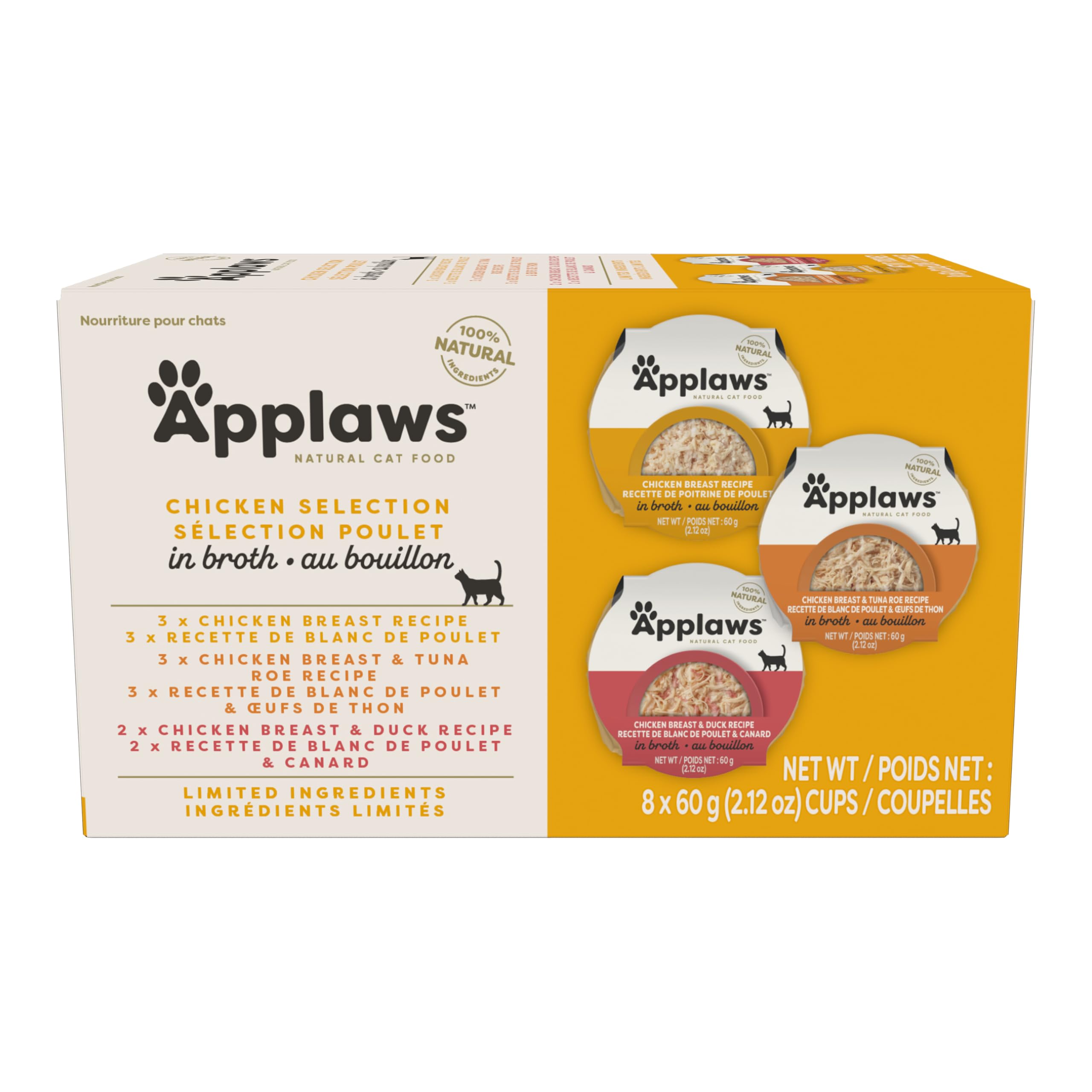 Applaws Natural Wet Cat Food, 8 Count, Limited Ingredient Cat Food Pots, Chicken Variety Count in Broth, 2.12oz Pots