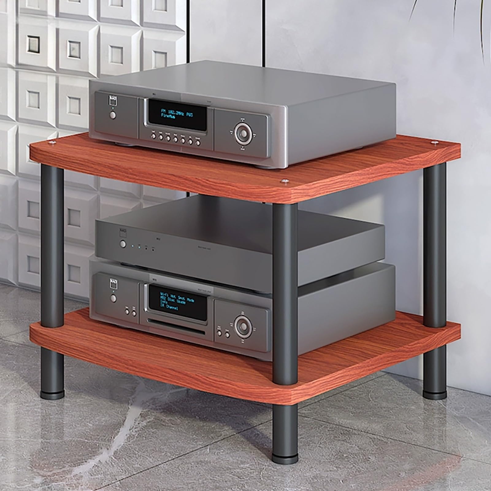 Modern AV Media Stand, 3-Tier Stereo Cabinet with Carbon Steel Frame, Wooden Storage for TV, DVD Players &amp; Accessories(Brown,2 Tier 60x54x44CM)