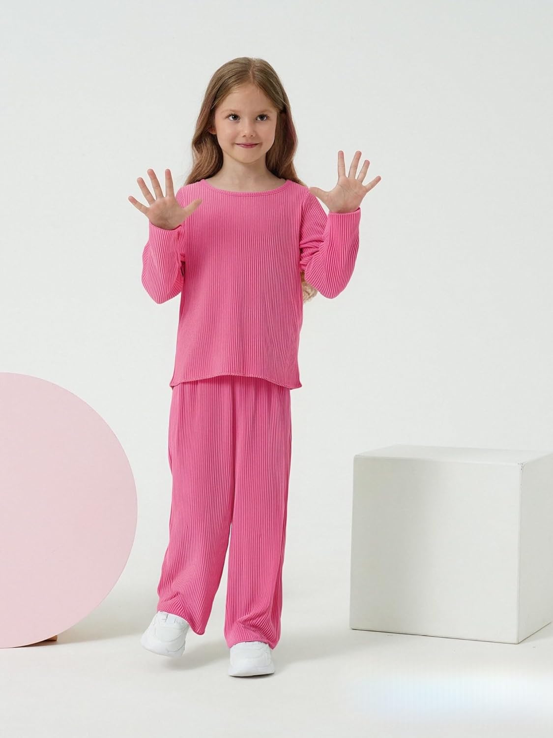 Girls Autumn 2 Piece Outfits Ribbed Long Sleeve Tops and Wide Leg Pants Kids Set Tracksuit 4-7T - Image 2