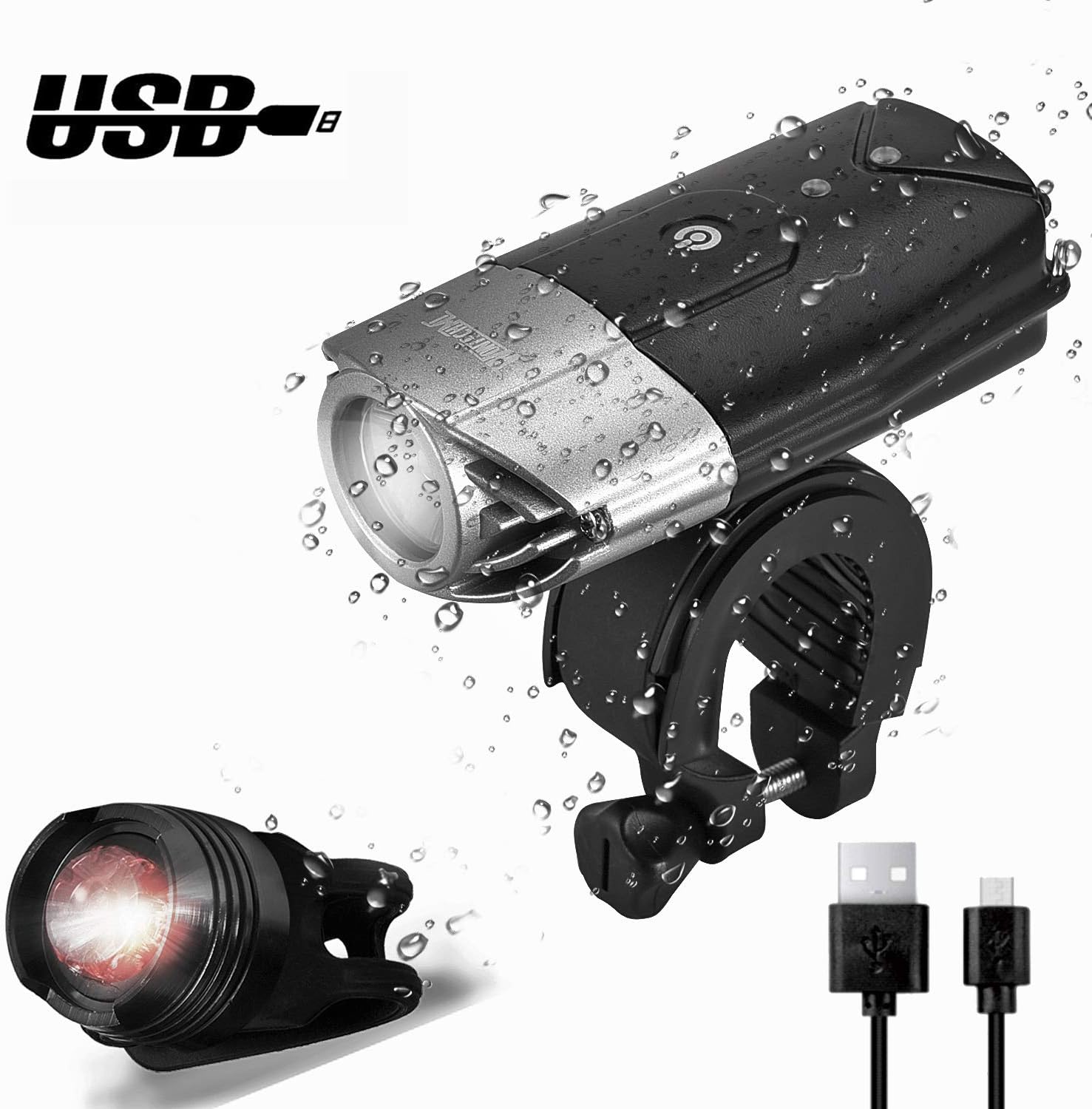 WONTECHMI Bike Light Set, LED Bike Lights Front and Back, USB Rechargeable Super Bright Bicycle Lights, Bike Headlight, IP65 Waterproof, Tail Light and Helmet Mount