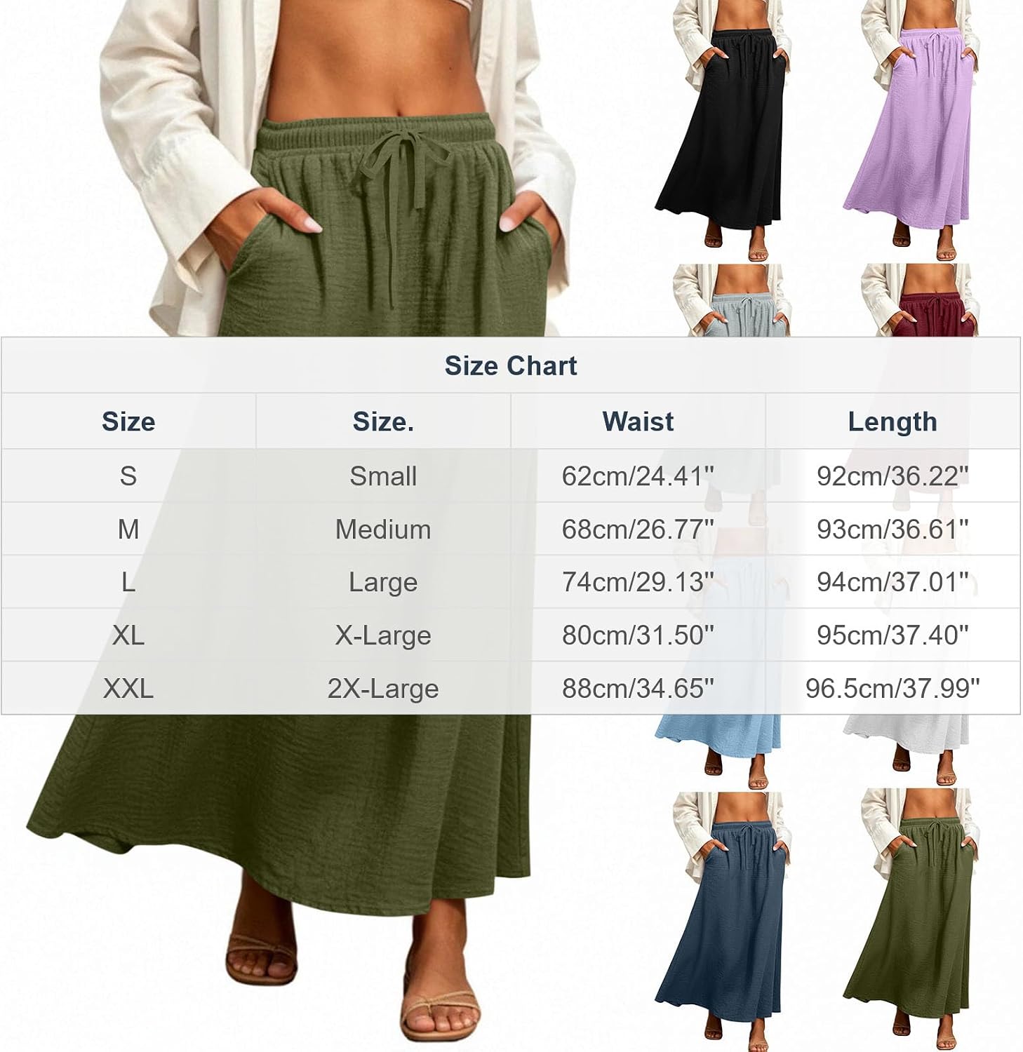 Flowy Cotton Linen Skirt for Women High Waist Drawstring Maxi Skirts Lightweight Casual Boho Skirt with Pockets