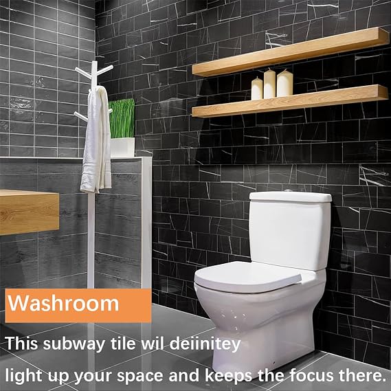 24pcs Fake Marble Peel and Stick Backsplash Waterproof Washroom Wall Tiles,Tile, Marble Look Foam Wall Panel for Kitchen, Bathroom - 3x6 Shower Tile Deco (Black&Grey)