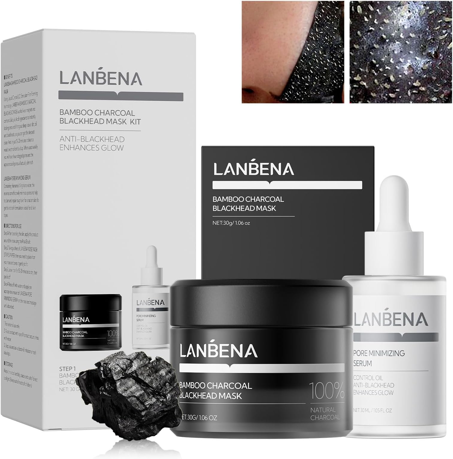 LANBENA 3-in-1 Blackhead Removal Set - Bamboo Charcoal Pore Strips (30g), Pore Minimizing Serum (30ml) & Removal Paper - Mask for Face, Minimizes Pores & Leaves Skin Fresh & Clean, Blackhead Remover