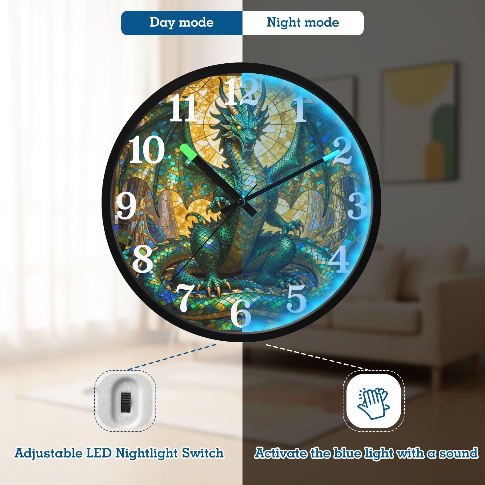 Yuiboo Horloge murale silencieuse en vitrail coloré activée par le son