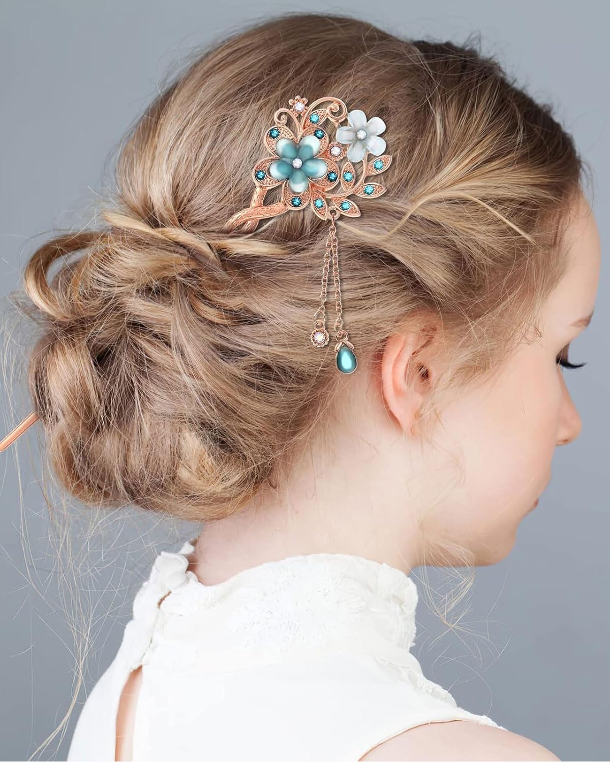 Frcolor Vintage Hair Stick, Crystal Strass doppio zinco forcina per capelli Stick Frisur Chignon forcina (blu