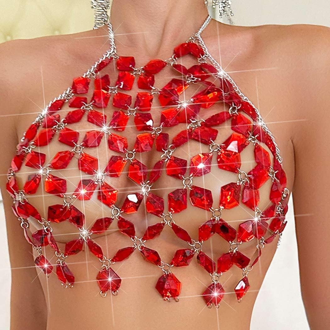 BODIY Crystal Body Chain Top Rhinestones Halter Crop Tops Silver Chest Chain Bra Body for Women