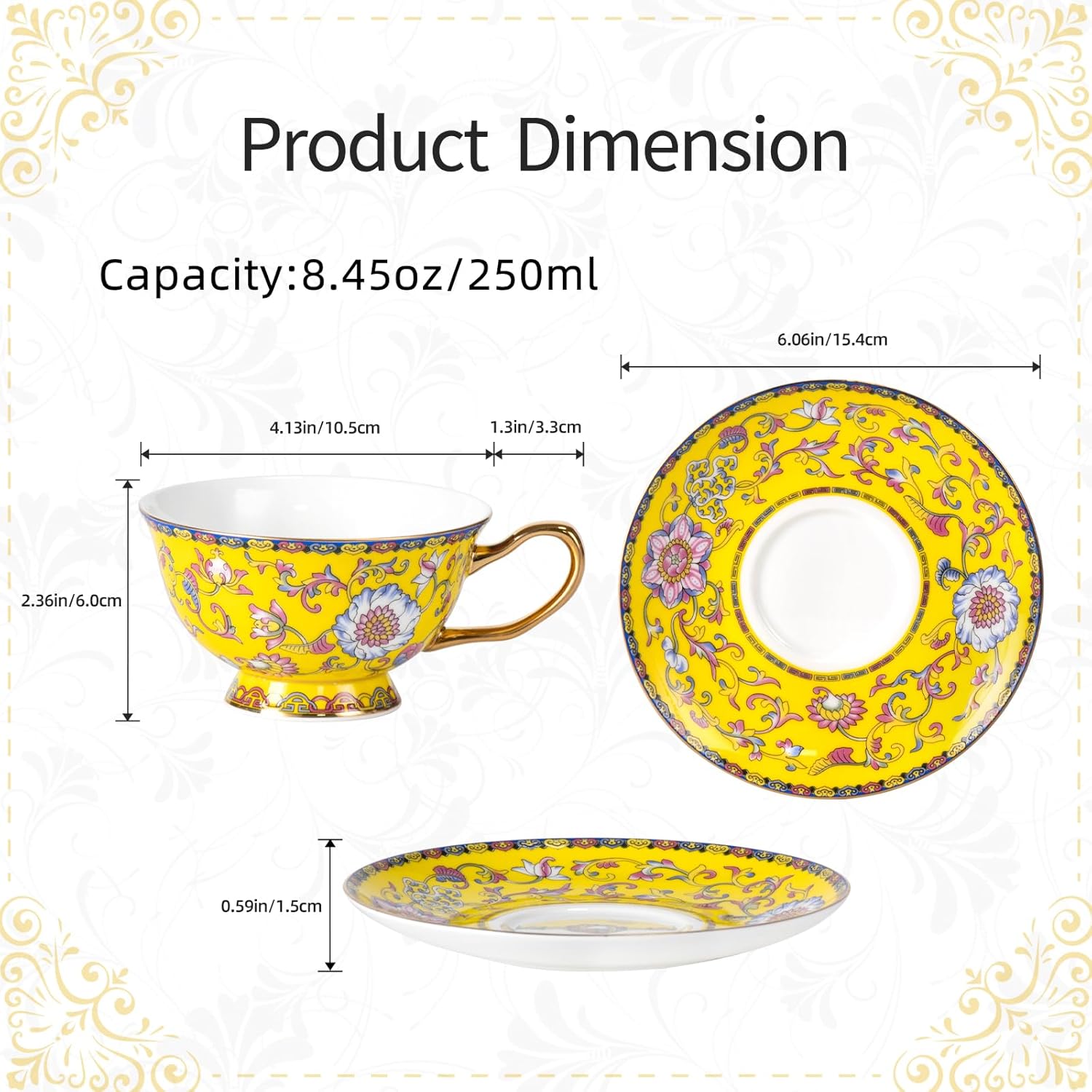 KAMMAK Tea Cups and Saucers Set of 2, Fine Bone China Coffee Cups, Stackable Espresso Mugs, Ceramic Demitasse for Coffee, Cappuccino, Latte, Americano, Tea, Full Bloom Yellow