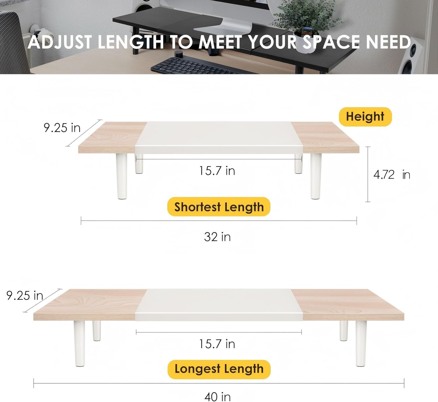 Across-Star Dual-Monitor-Stand-Riser-For-Desk Adjustable Length 32-40 Inch，Large Desktop Computer Monitor Riser For 2 Screens，Desk Shelf Organizer Riser Stand For Computer/Laptop/PC/Printer/TV Black