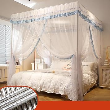 Canopy Bed Frame Post 4 Corner Bed Canopy Post Frame Net Bed Net Canopy Frame Stainless Steel Canopy Bed Frame with Curtain,White,Queen S