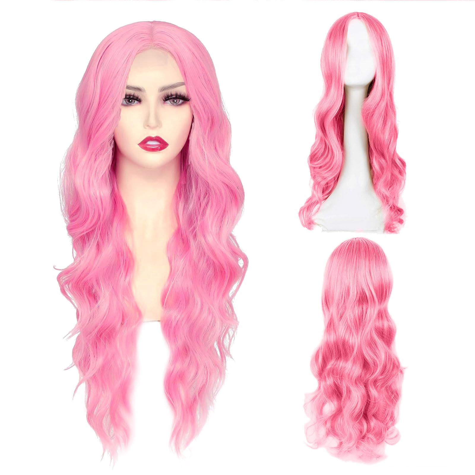 XNIVUIS Pink Wigs for Women Long Wavy Curly Wigs for Women Girls Full Hair Middle Parting Wig for Daily Wear Cosplay Masquerade Halloween (Pink)