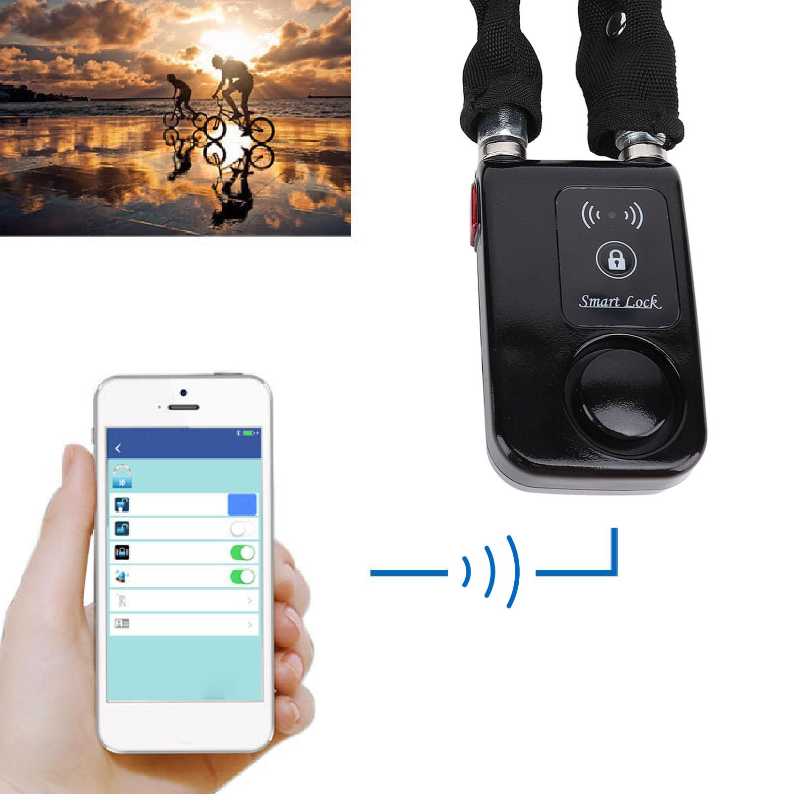 Lucchetto a Catena BT Impermeabile con Controllo APP Allarme Vibrazione Antifurto per Motociclette Bici Elettriche Materiale ABS 80 Cm (Nera)