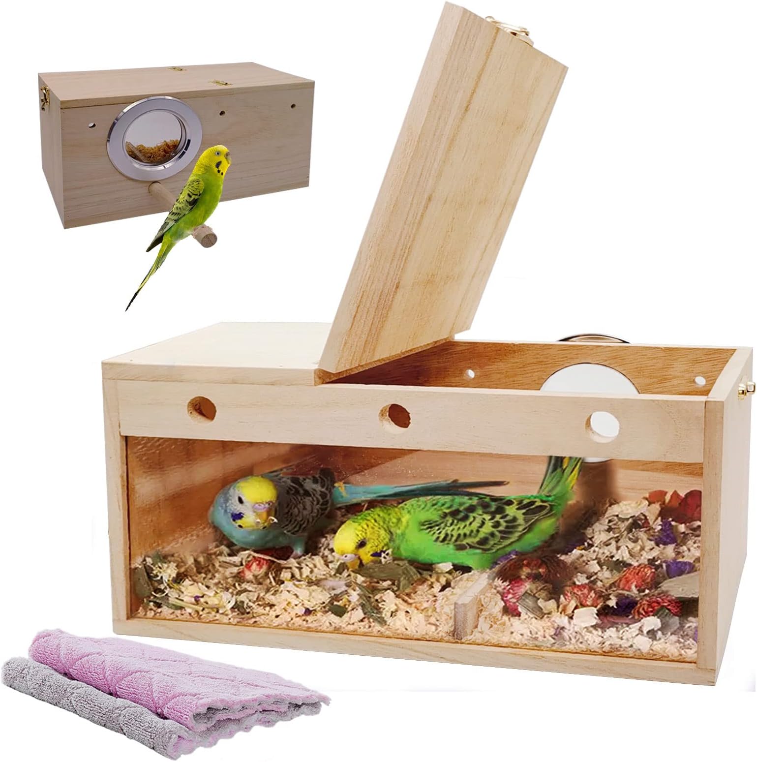 kathson Transparent Parakeet Nesting Box, Parakeet, Breeding Box, Bird's Nest, with Perch, Acrylic, Bird's Nest, Parrot, Lovebird, Cockatiel, Conure, and More (Large)